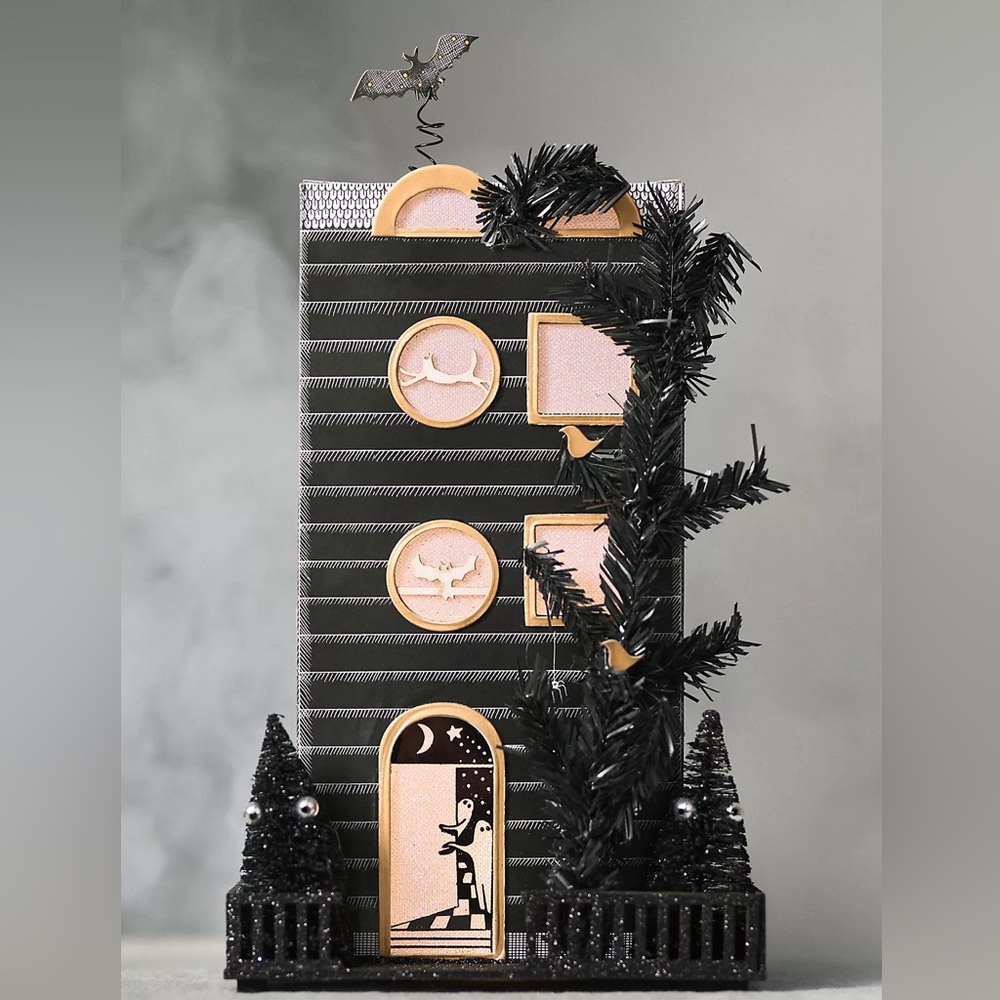 ANTHROPOLOGIE NWT black cat light-up paper haunted house -black/white